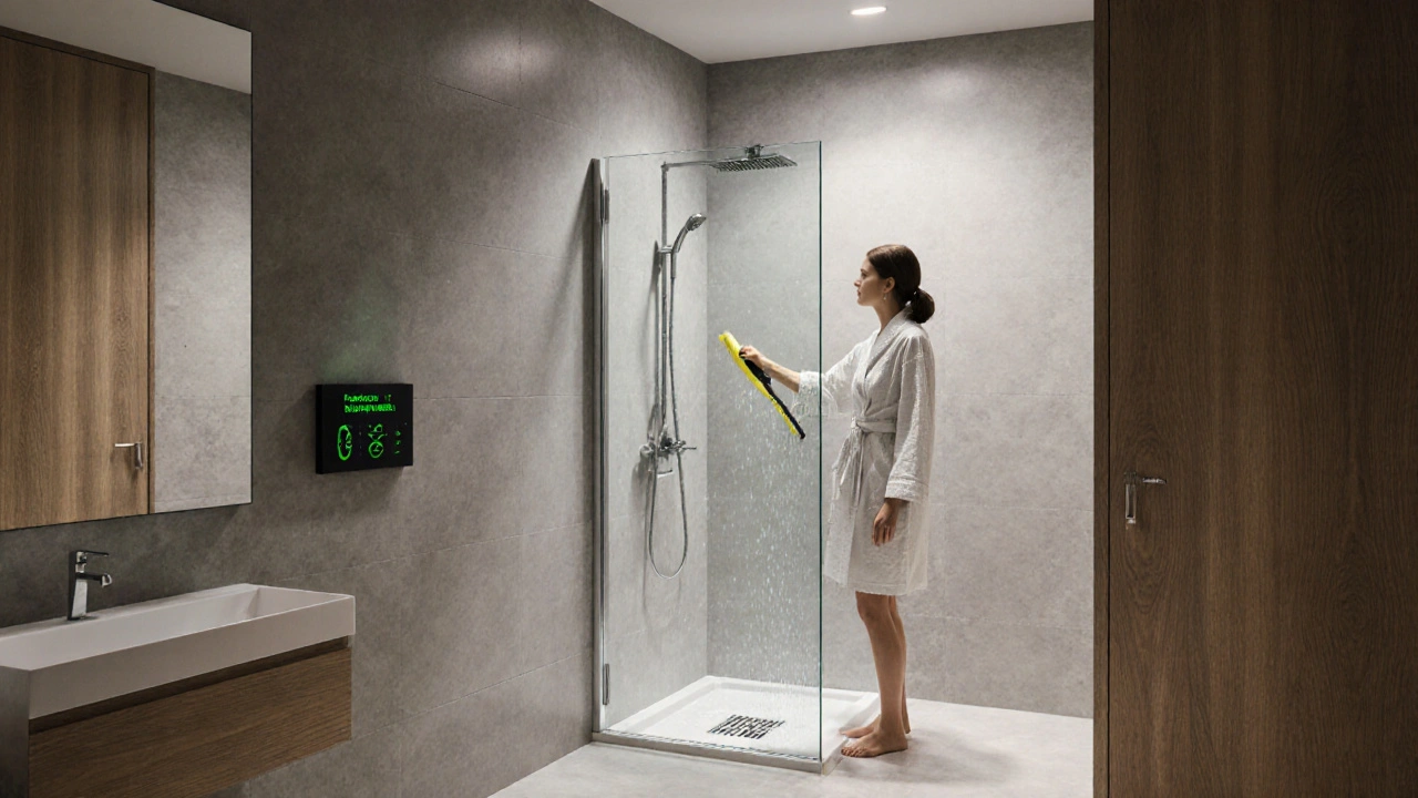 Intelligente Dusche mit Feuchtigkeitssensoren an den Fugen, eine Person wischt das Glas ab, digitales Display zeigt &#039;Normal&#039; an.