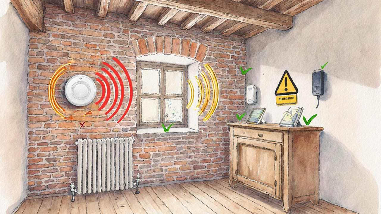 Invisible smart home signals durchdringen dicke Ziegelwände eines Altbaus, während Klebeband-Montagen statt Bohrungen verwendet werden.