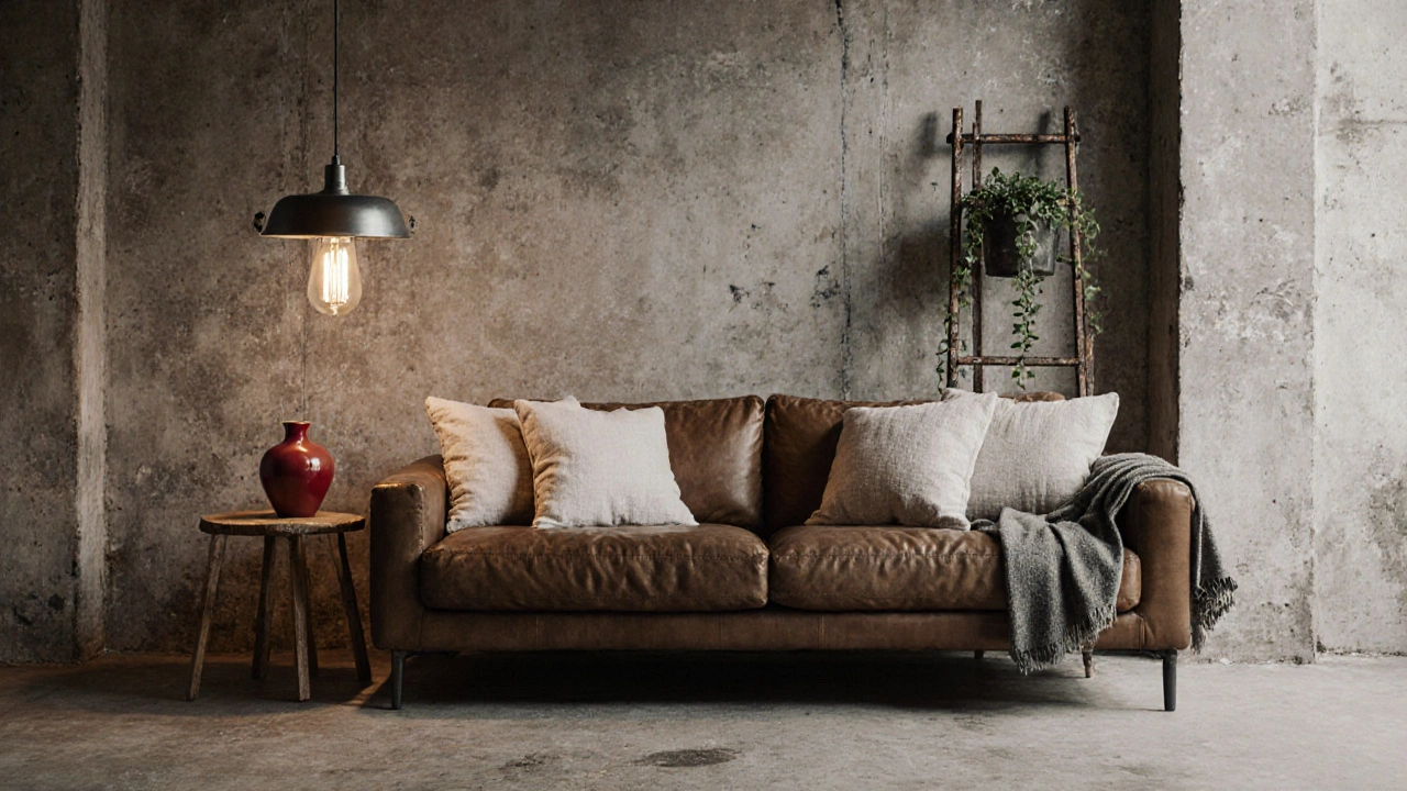 Leder-Sofa mit Leinenkissen, rote Vase und Pflanzen im industrial Loft.