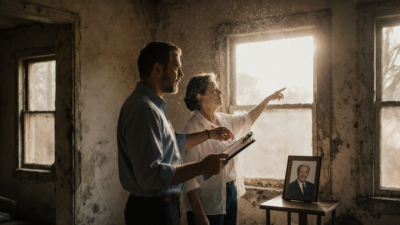 Öffentlich bestellter Gutachter zeigt einem Erben Schäden an Wand und Fenstern in einem ererbten Haus.