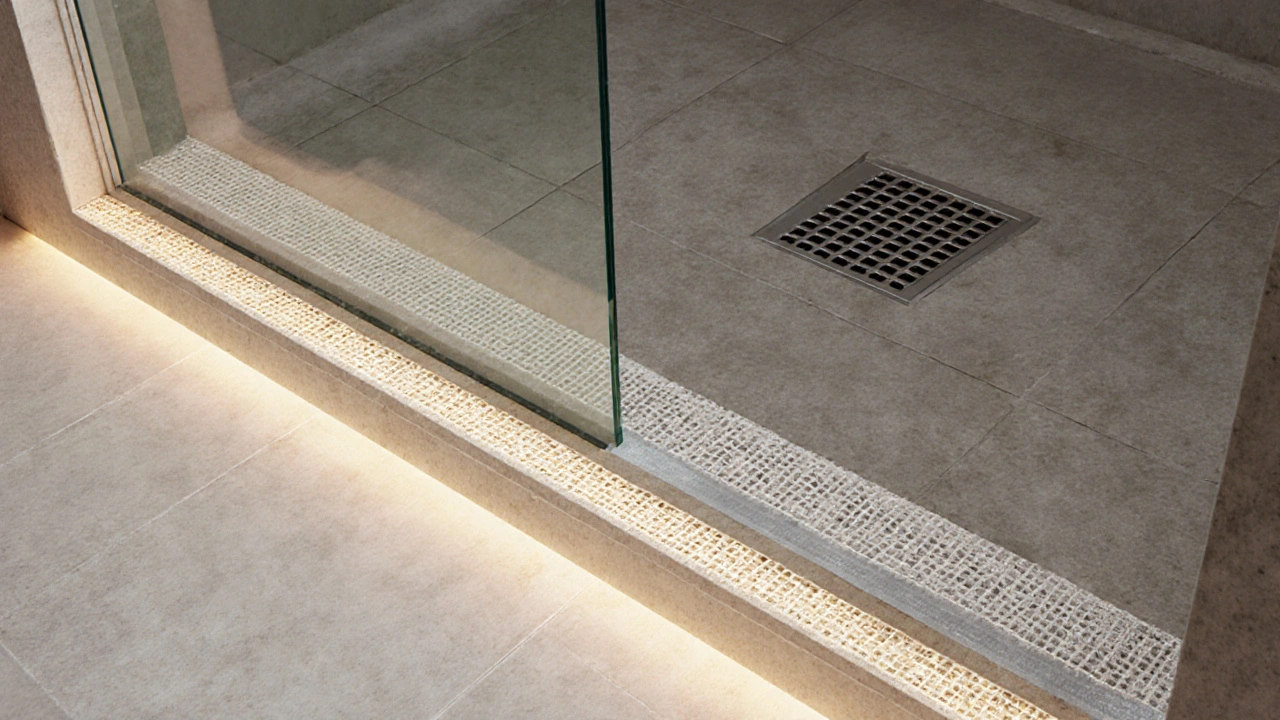 Querschnitt der Abdichtung unter einer Dusche: Grundierung, Glasfaser-Gewebe und Deckschicht als unsichtbare Schutzschicht vor Wasserschäden.