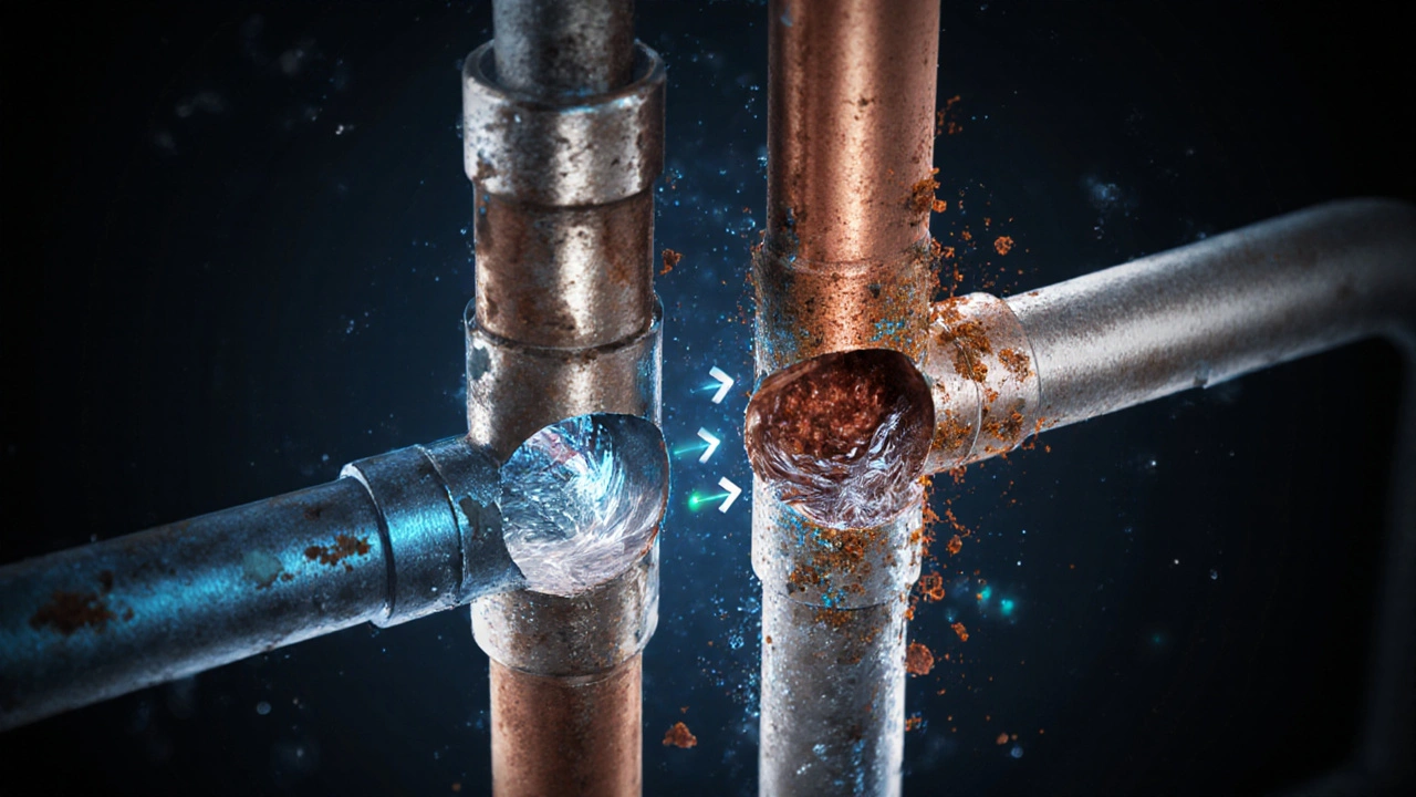 Querschnitt durch Wasserleitungen mit galvanischer Korrosion: Kupfer und verzinkter Stahl in Kontakt, Elektronenfluss und Metallauflösung im Wasser.