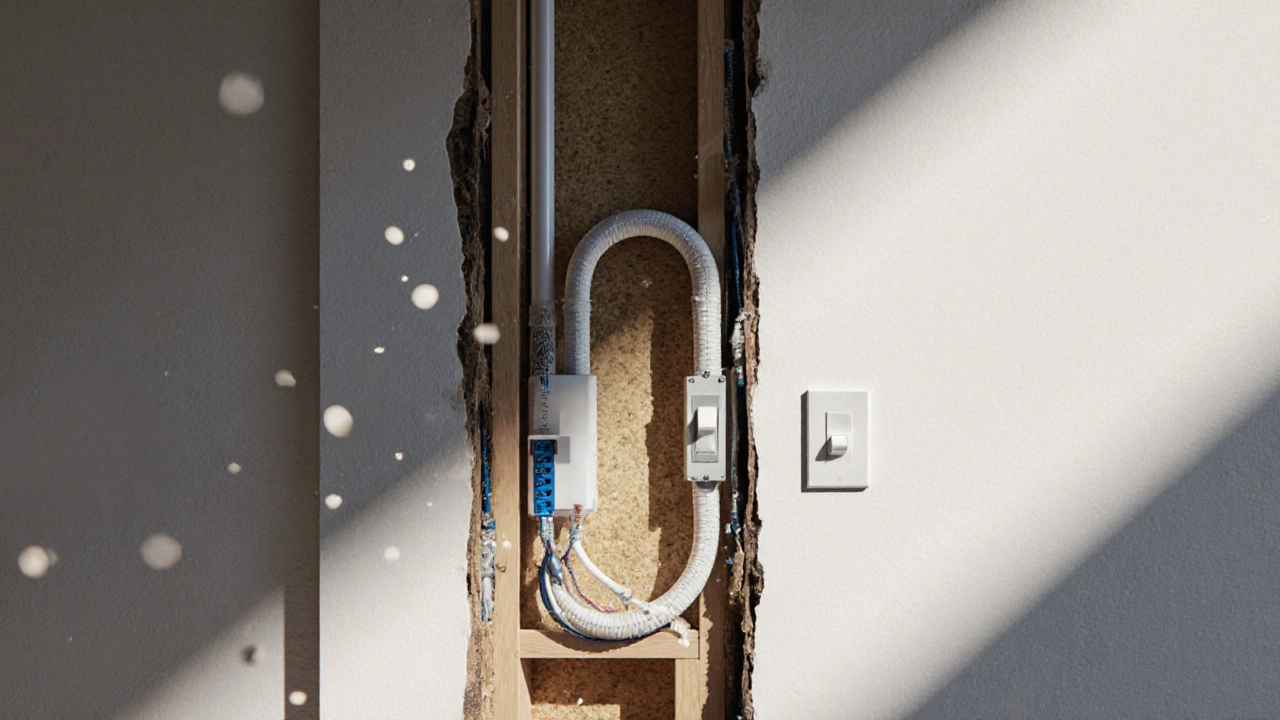 Querschnitt einer Wand mit Leerrohr, Neutralleiter und KNX-Datenleitung in einer renovierten Wohnung.