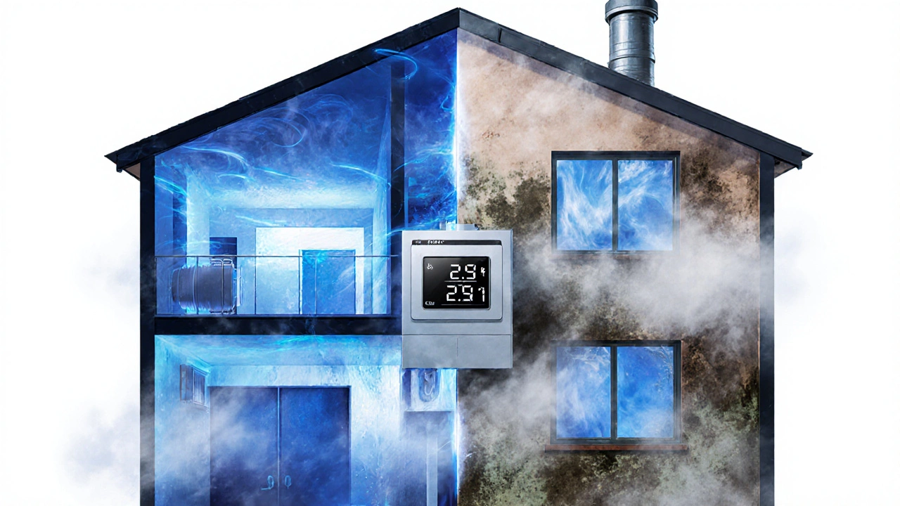 Querschnitt einer Wohnung mit vergleichbarer Luftdichtheit: moderne Lüftung vs. schimmelige, undichte alte Wohnung.