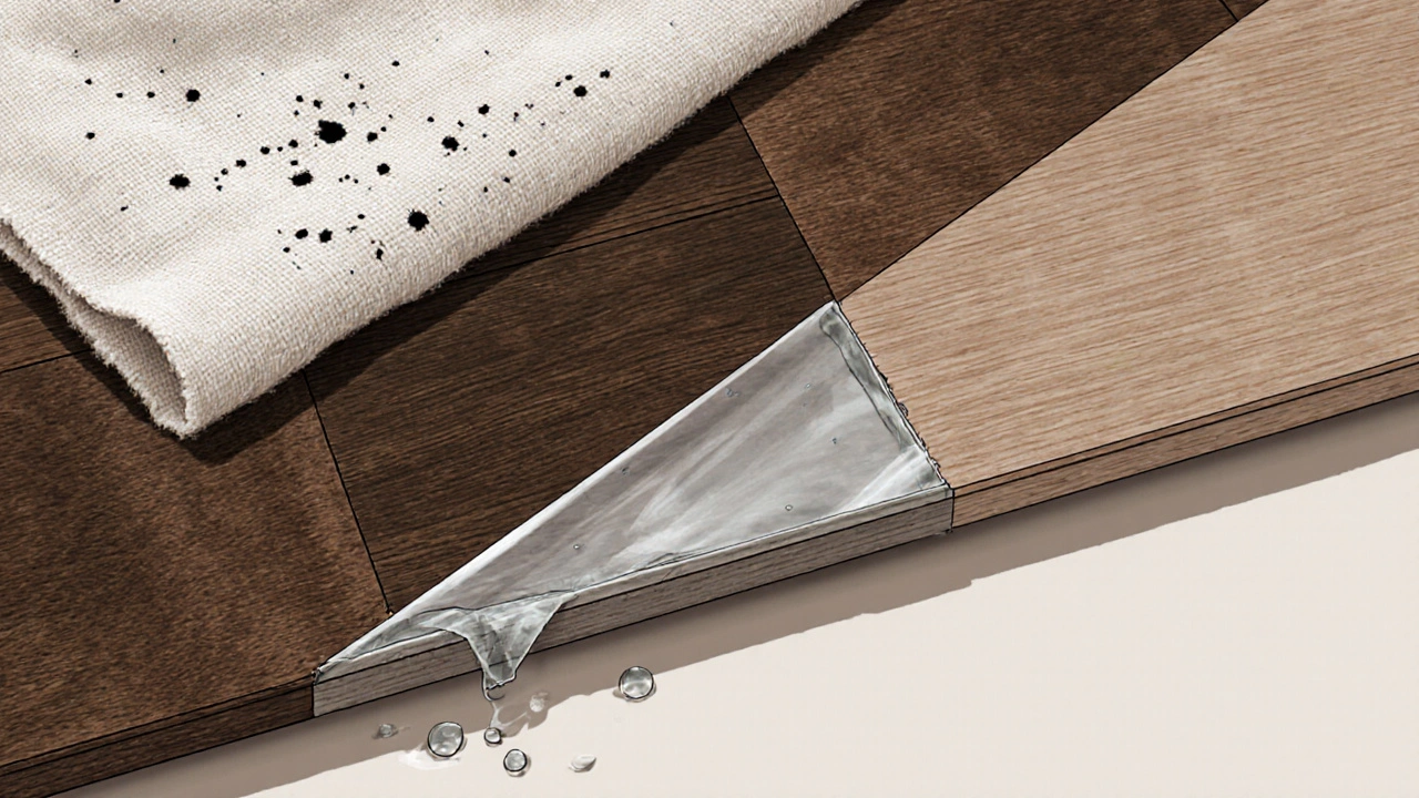 Querschnittsansicht von Schutzmaterialien auf verschiedenen Böden: Vlies auf Parkett, Folie mit Leckage.