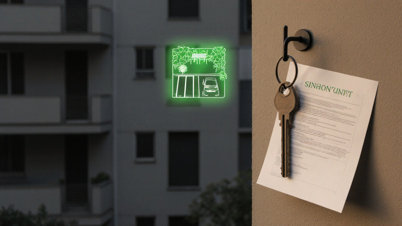 Schlüssel und Grunddokument mit symbolischen Icons für Garten, Stellplatz und Terrasse, darstellend exklusive Nutzungrechte.