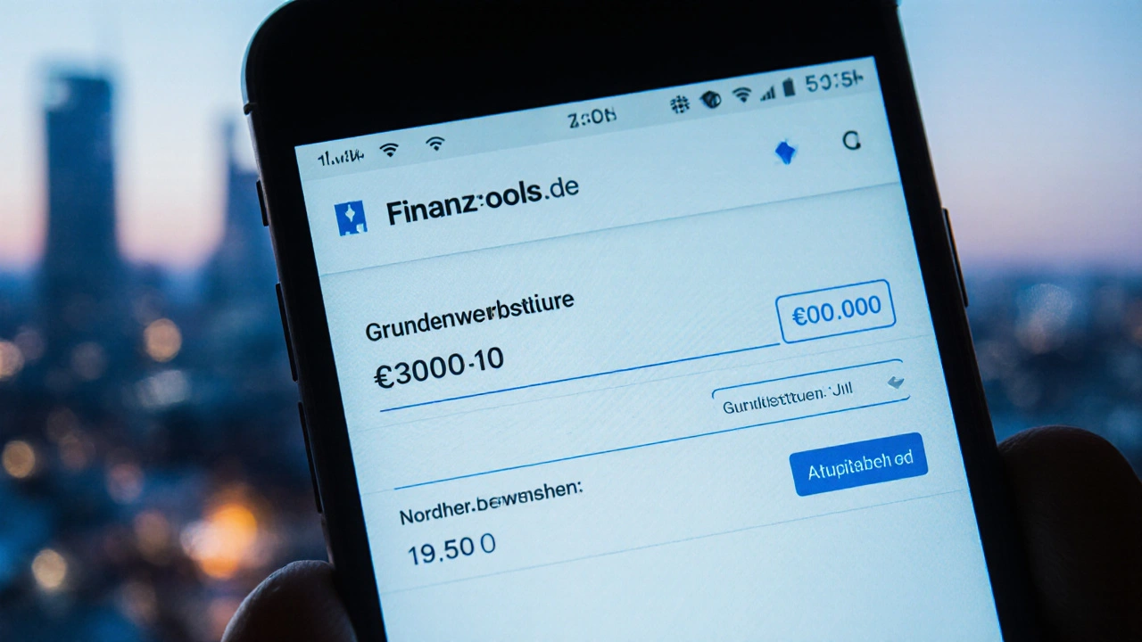 Smartphone-Display mit Grunderwerbsteuer-Rechner, zeigt 19.500 € Steuer für Nordrhein-Westfalen bei 300.000 € Kaufpreis.