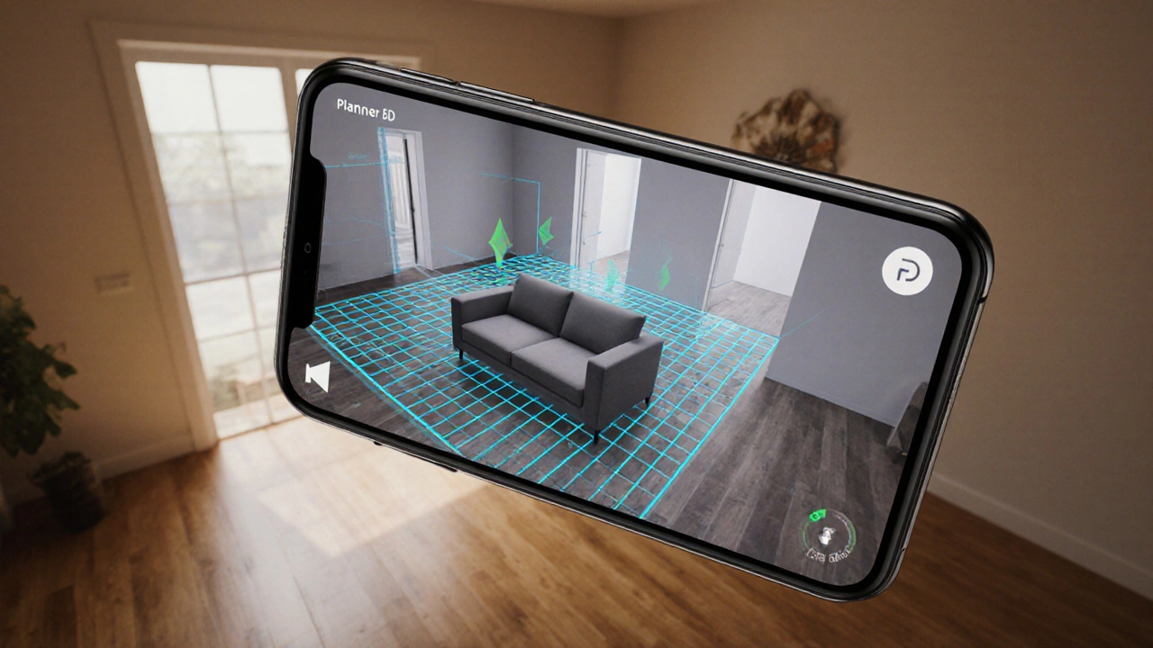 Smartphone mit AR-App, die ein Sofa in einem quadratischen Raum diagonal platziert, digitale Raumkarte sichtbar.
