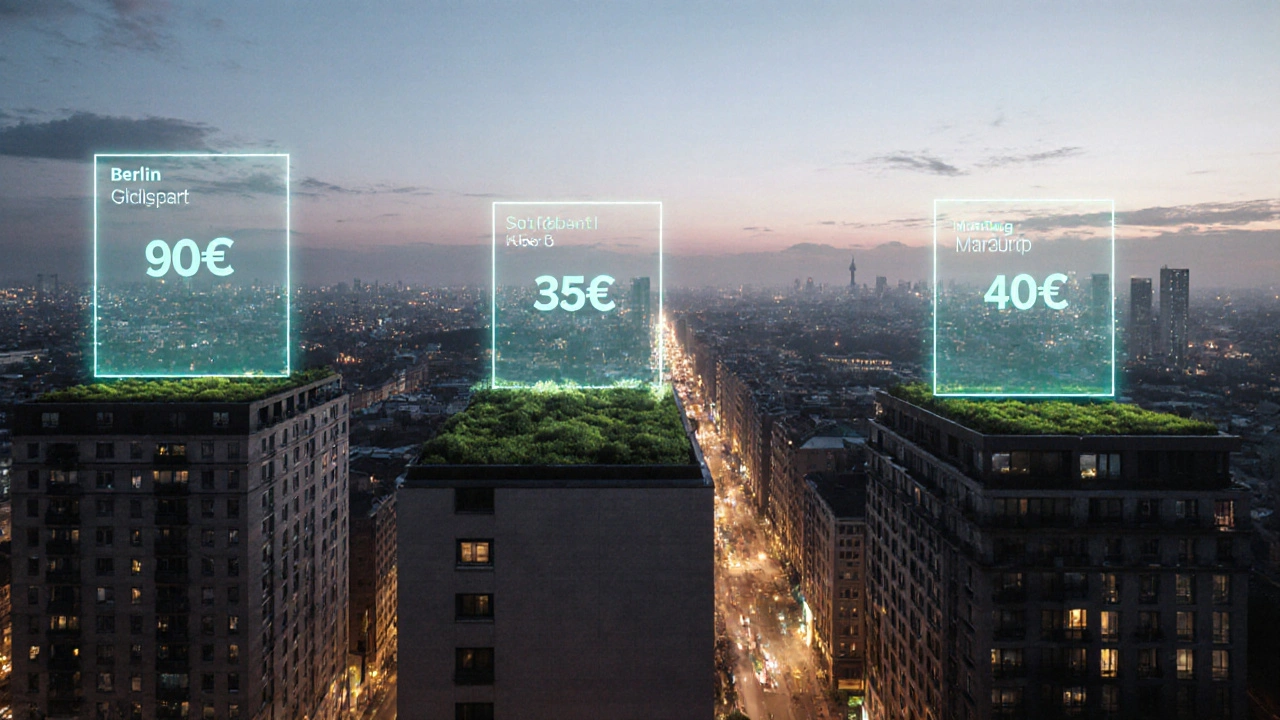 Stadtsilhouette mit verschiedenen Gründächern, Lichtstrahlen zeigen Förderhöhen, Abendstimmung, klimaresiliente Architektur.