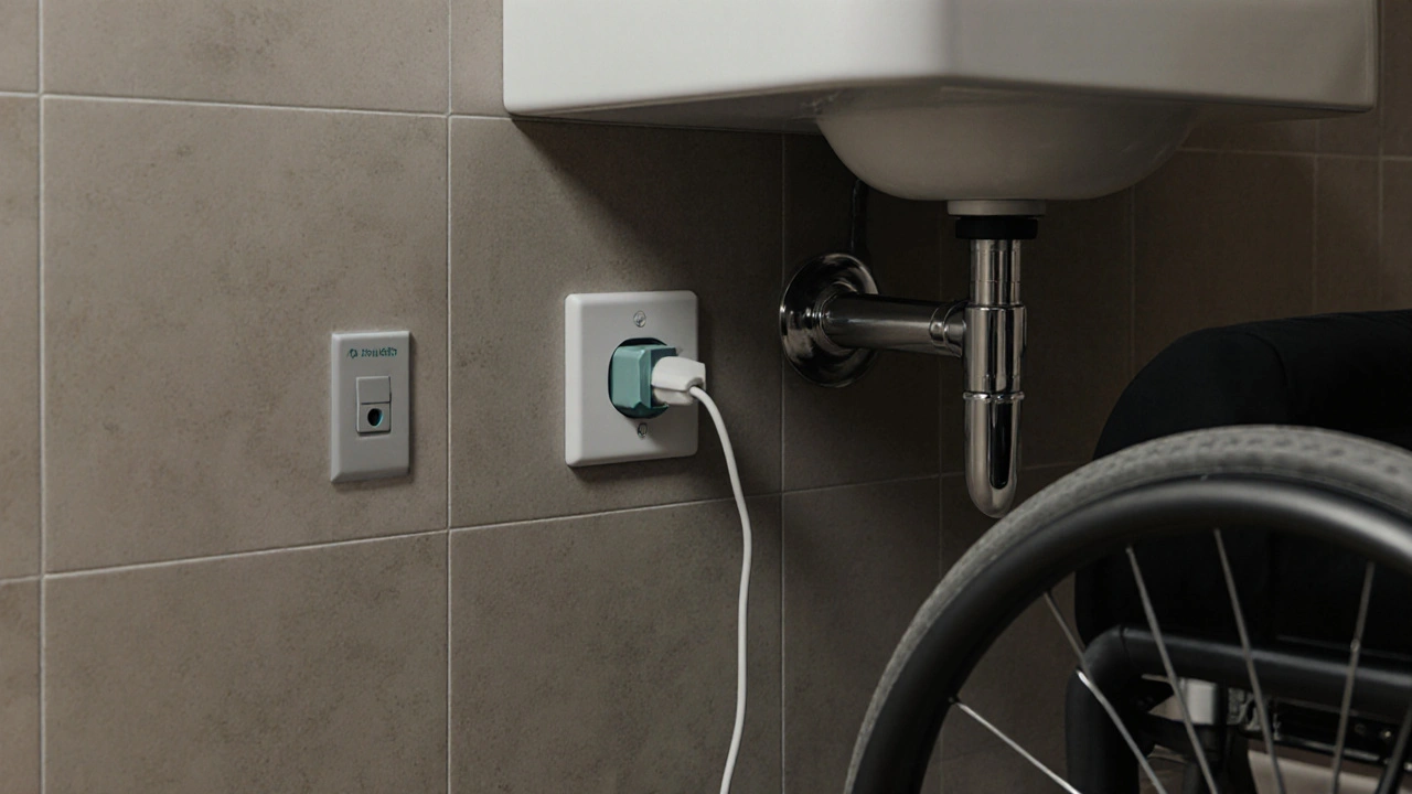 Steckdose unter dem Waschbecken im Bad mit medizinischem Gerät und Sicherheitsschaltung.