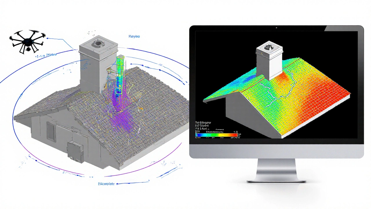 Technische Darstellung einer Drohne, die ein Dach umfliegt und ein präzises 3D-Modell erzeugt.