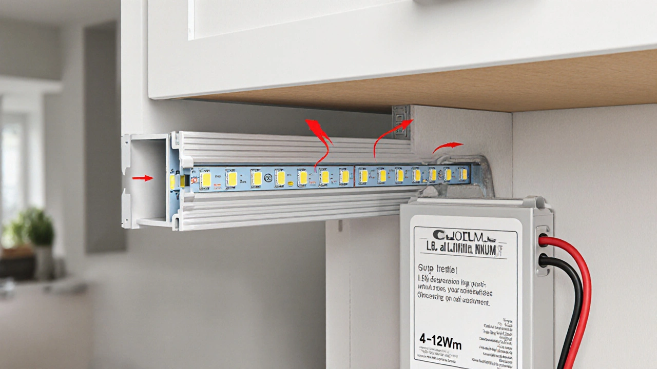 Technische Schnittansicht einer LED-Küchenbeleuchtung mit LED-Streifen, Aluprofil und Klebeband.