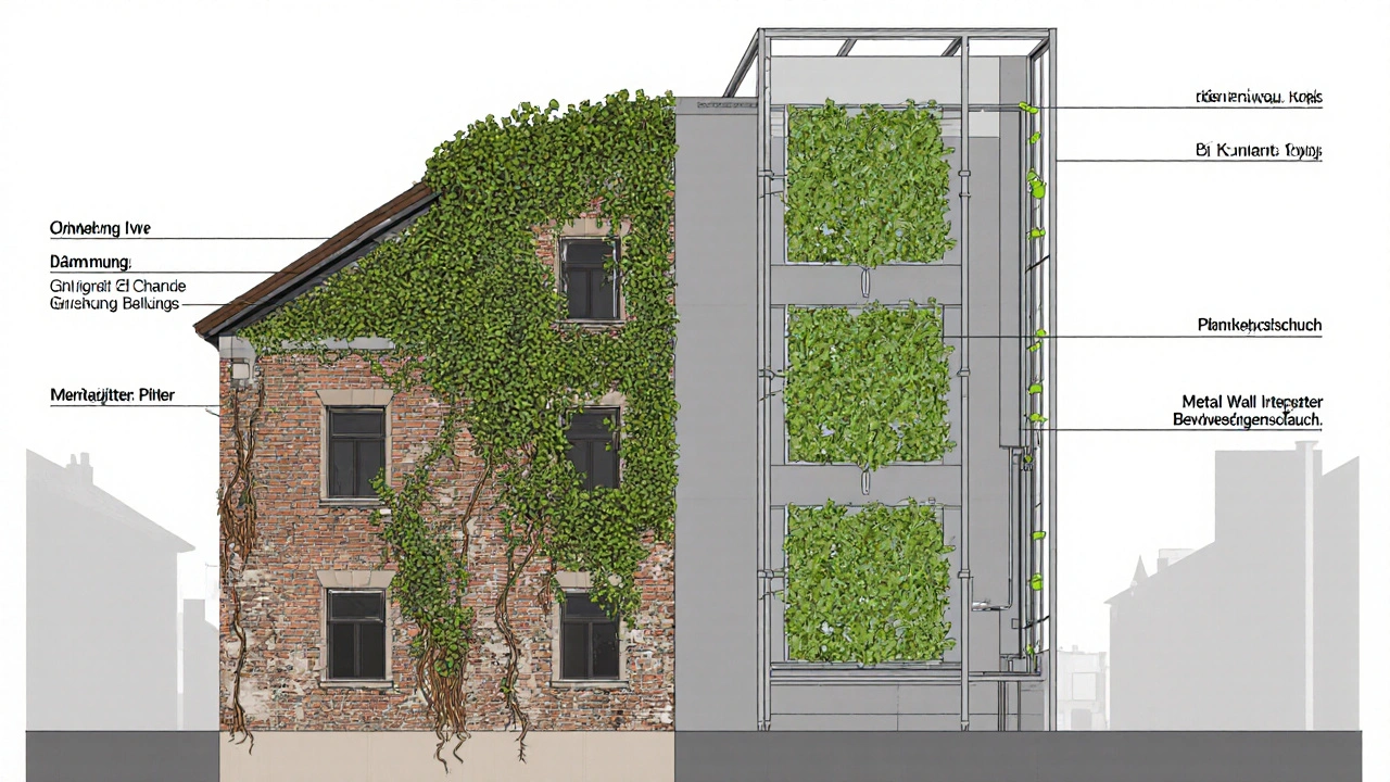 Technische Zeichnung einer Fassadenbegrünung mit zwei Systemen: Kletterpflanzen an Ziegel vs. modulares Greenwall-System mit Bewässerung.