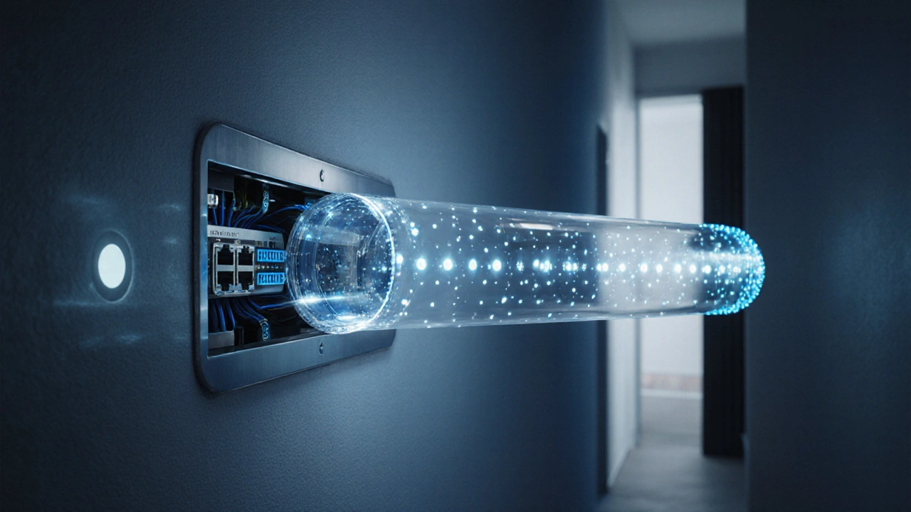 Transparentes intelligentes Leerrohr mit eingebauten Sensoren in einer renovierten Hauswand.