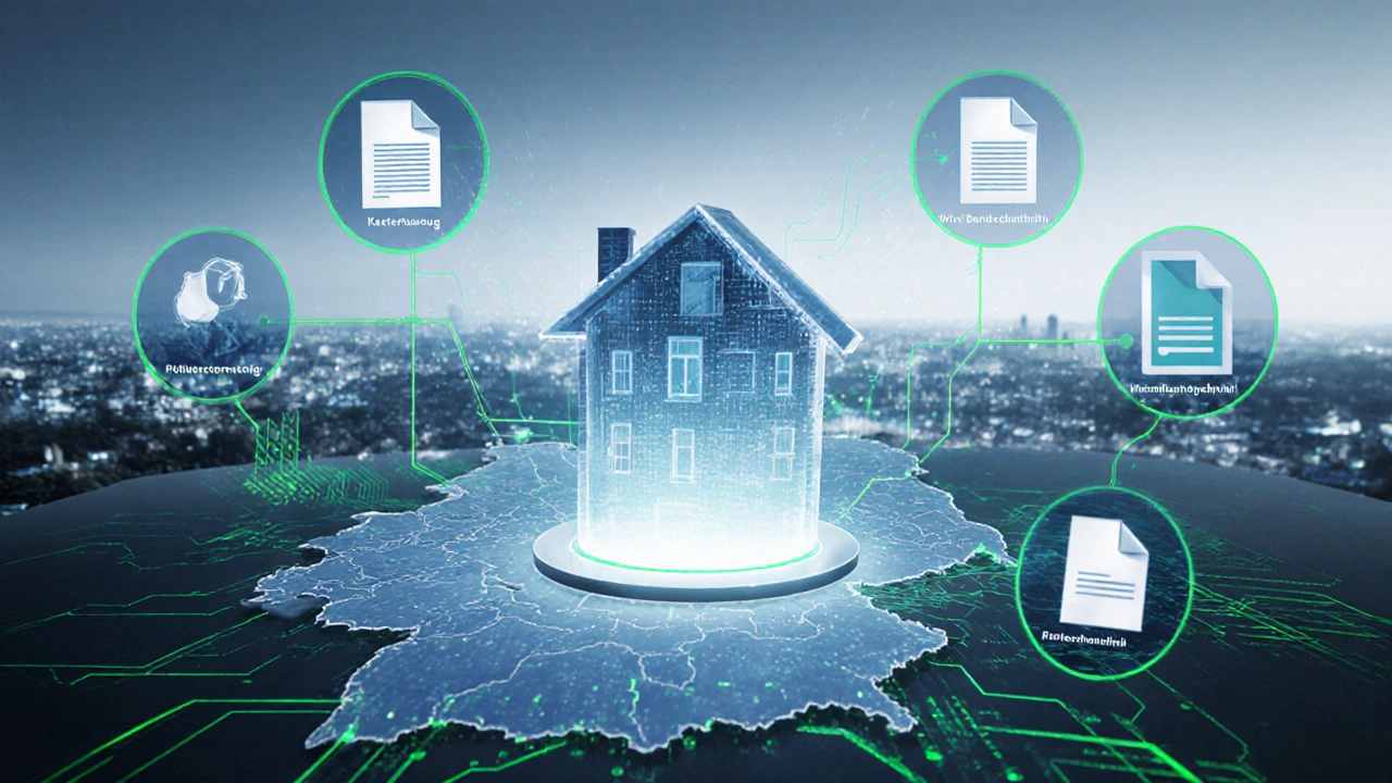 Transparenzhaus mit Dokumenten-Icons, verbunden mit digitalem Bauantrag-Portal über Deutschland.