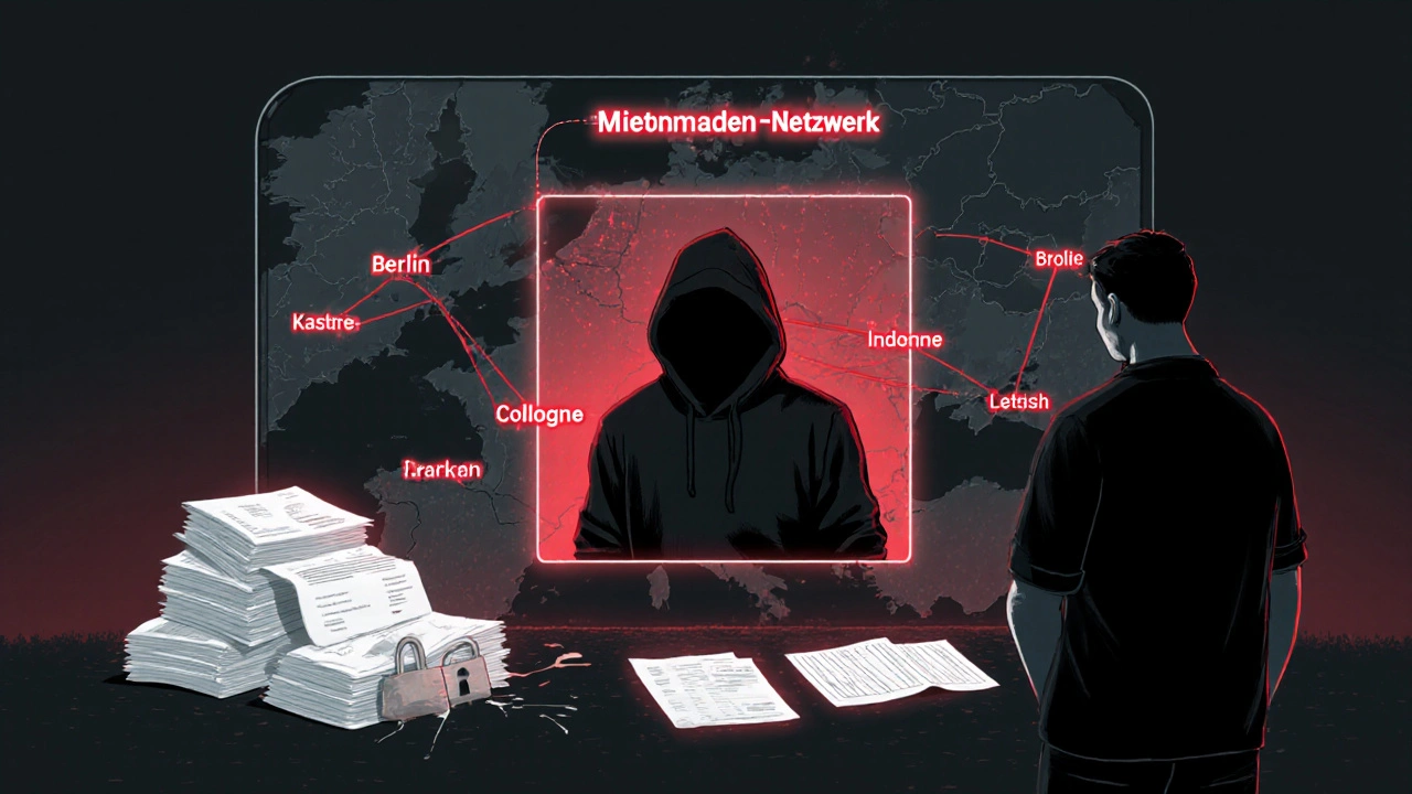 Unsichtbarer Betrüger durchquert einen digitalen Portal aus Europa, während ein Vermieter verzweifelt Dokumente betrachtet.