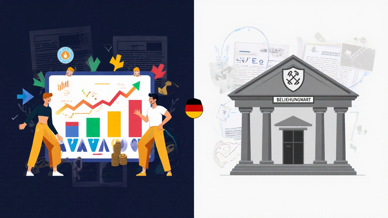 Vergleich von Verkehrswert (bunt) und Beleihungswert (grau) mit rechtlichem Schutzsymbol.