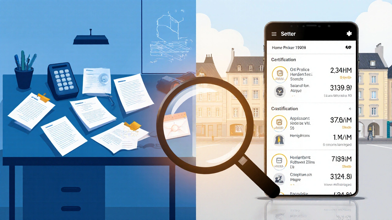 Vergleich zwischen veralteten Papierangeboten und moderner Digitalplattform für Handwerker.