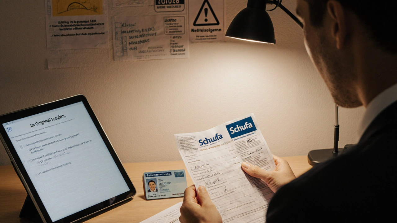 Vermieter prüft Gehaltsabrechnungen, Schufa-Auskunft und Personalausweis unter einer Lupe in seinem Büro.