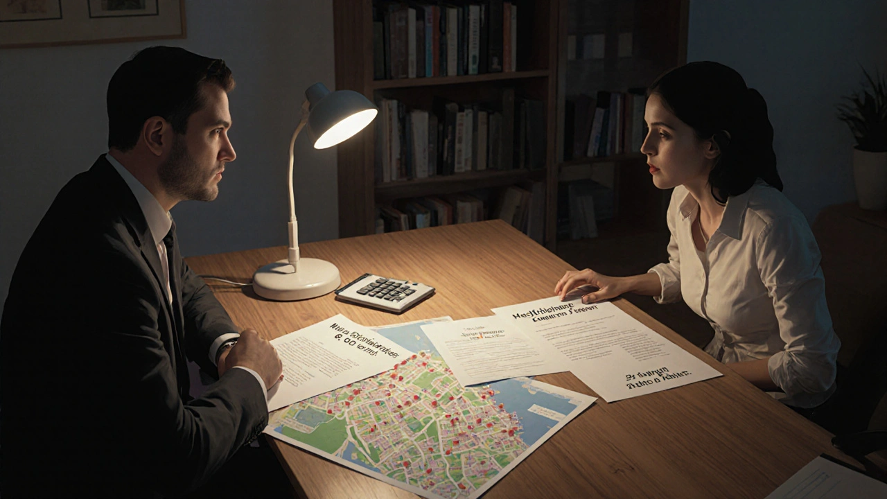 Vermieter und Mieter diskutieren Mietsteigerung an einem Tisch mit Dokumenten und Stadtplan.