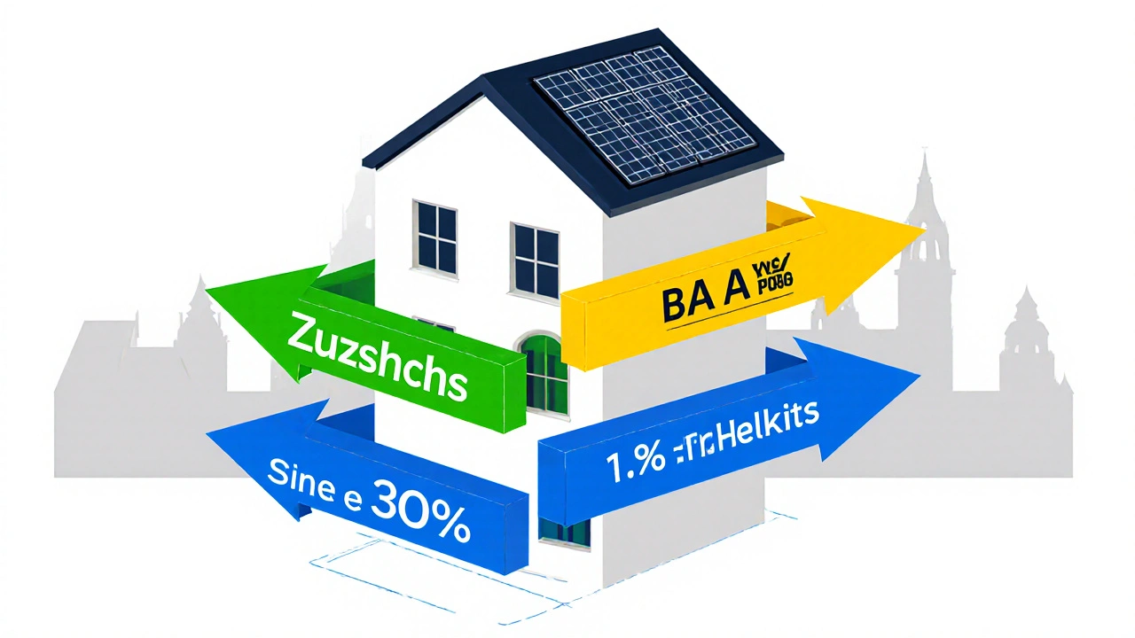 Visuelle Darstellung von Fördergeldern als farbige Pfeile, die eine energieeffiziente Sanierung finanzieren.