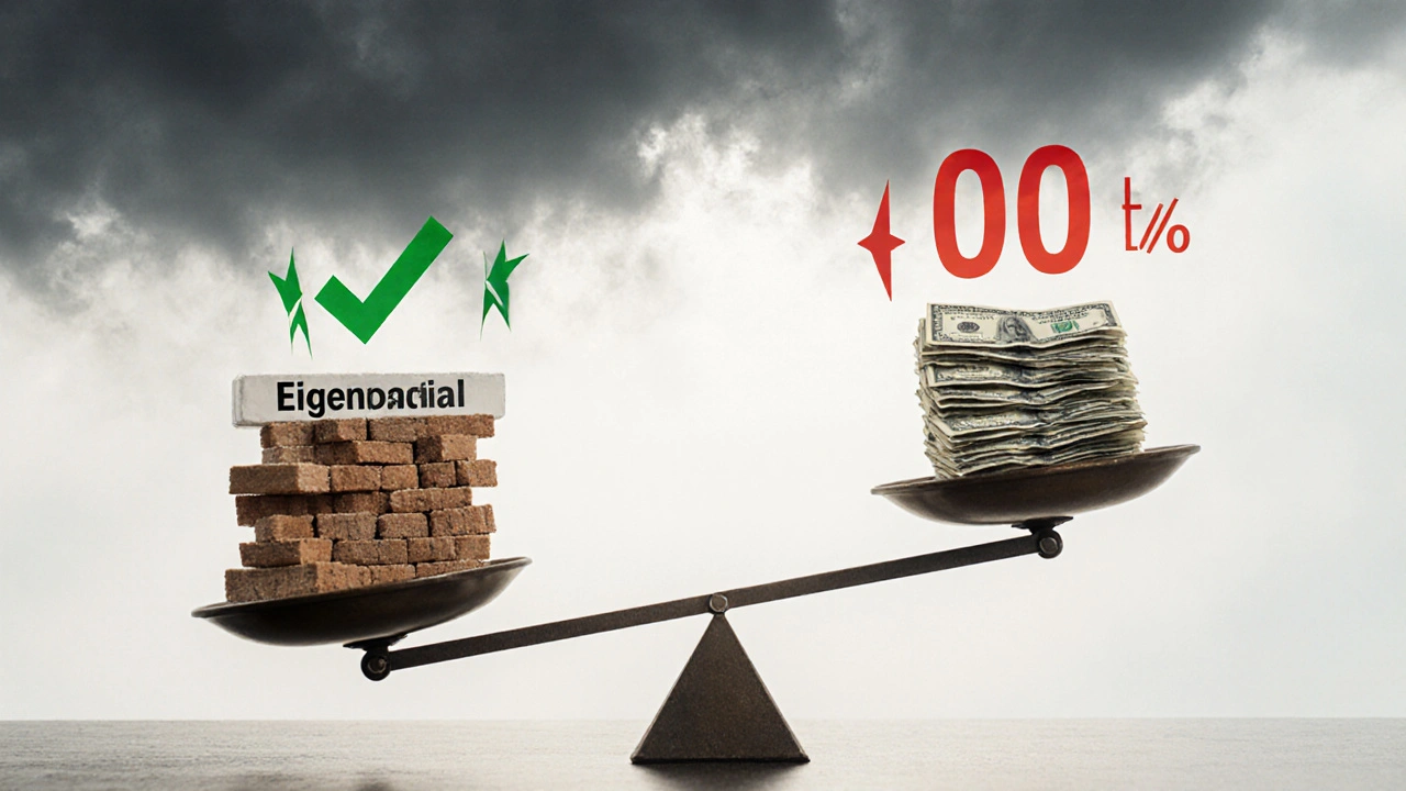 Waage mit Eigenkapital auf der sicheren Seite und Schulden auf der gefährlichen Seite, Warnsymbole und Zinspfeile.