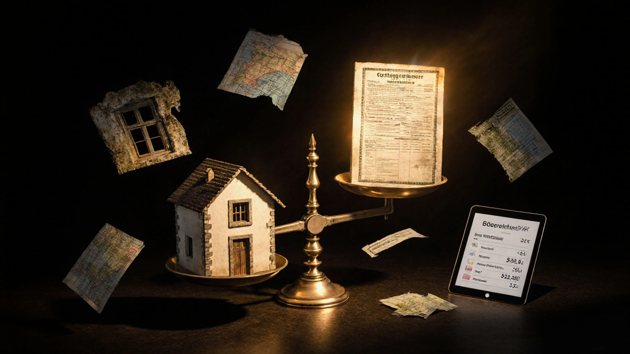 Waage mit Haus und veralteter Steuerberechnung, umgeben von Symbolen für Sanierungsbedarf und echte Marktpreise.