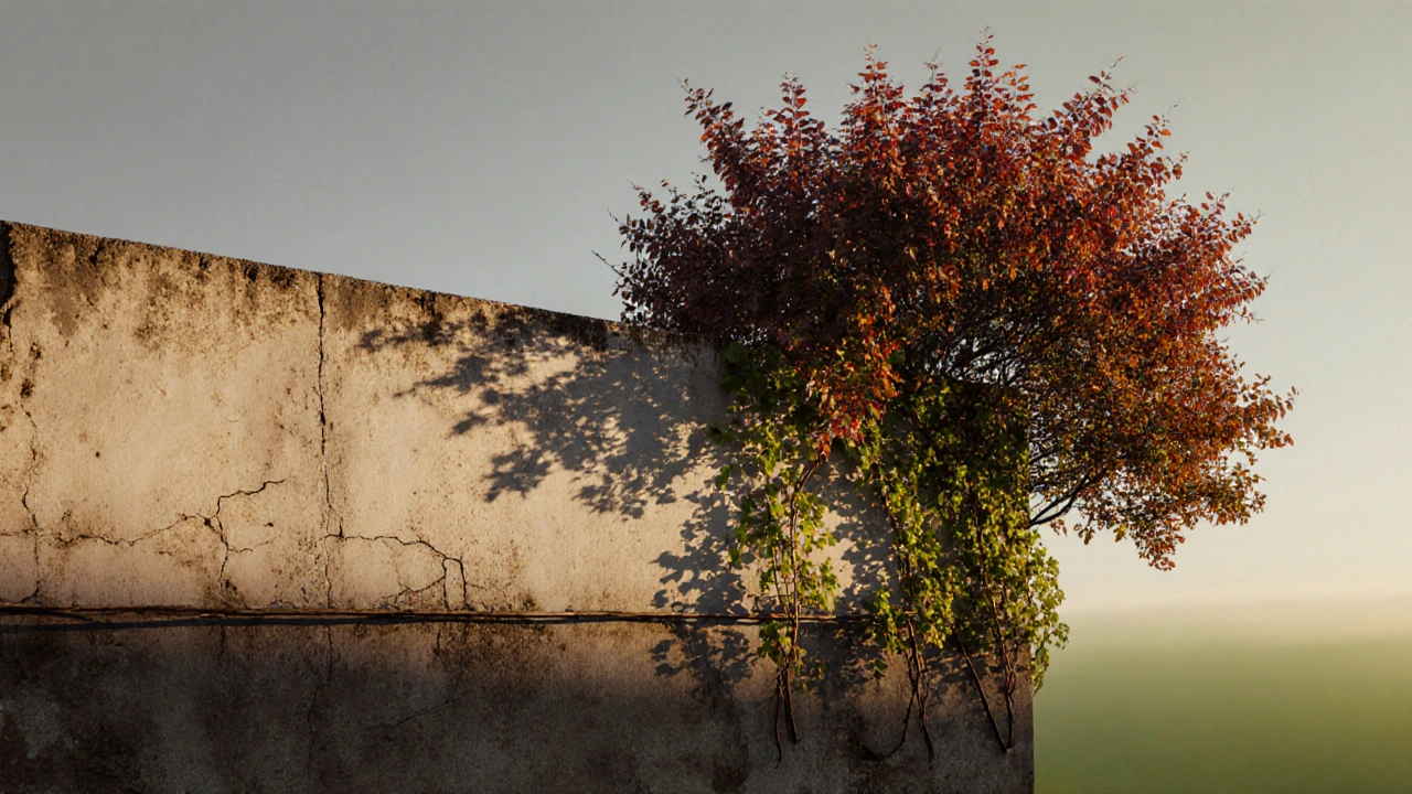 Zeitliche Entwicklung einer Fassade: von brüchigem Putz über junge Pflanzen bis hin zu dichter, herbstlich roter Weinlaubdecke.