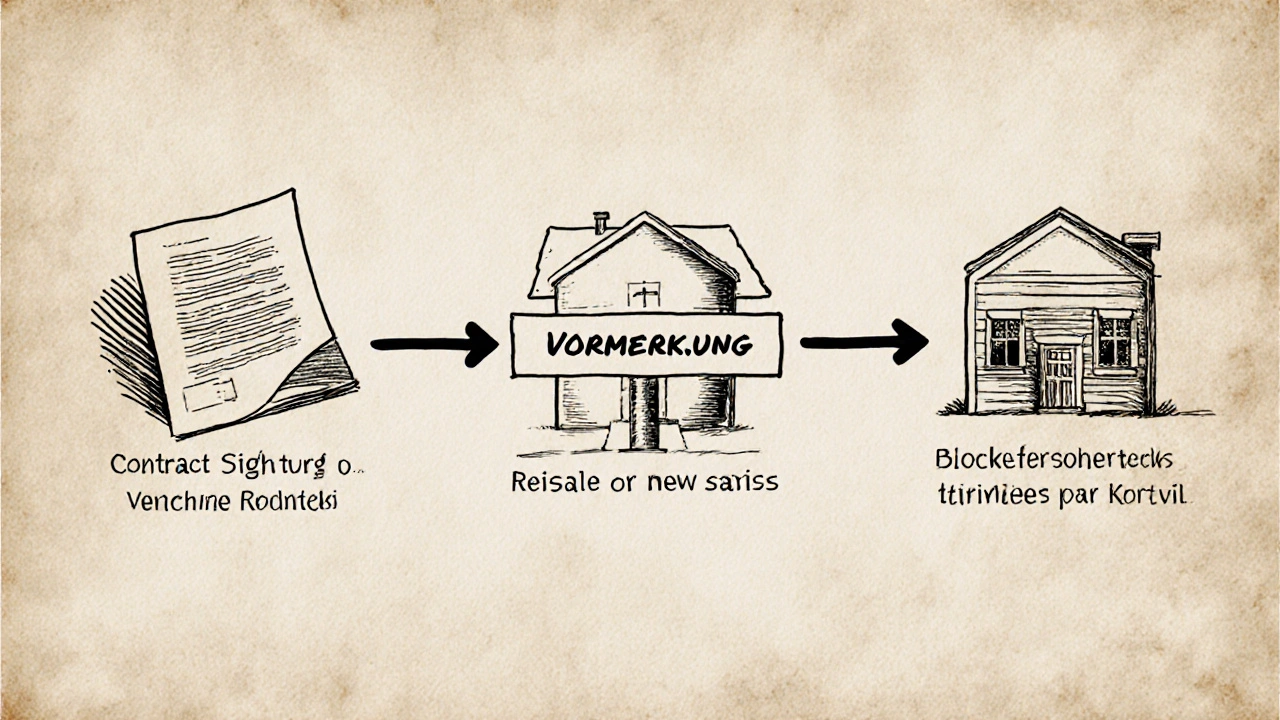 Zeitlinie des Immobilienkaufs mit Vormerkung als zentrales Sicherheitselement.