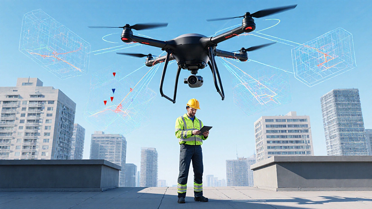 Zukunftsvision: KI analysiert Dachschäden in Echtzeit, während ein Techniker nur noch gezielt nachprüft.