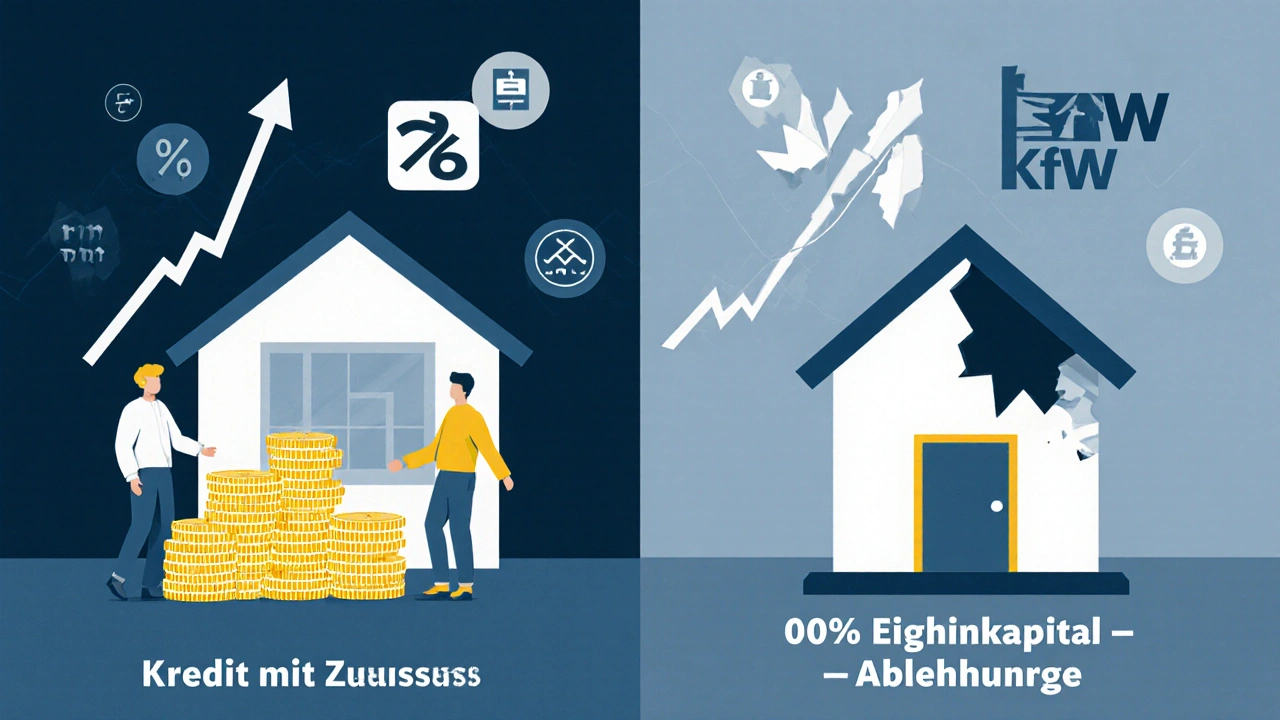 Zwei Häusermodelle: eines mit Eigenkapital und Förderung, eines ohne – mit Zinsen und Ablehnungssymbolen.