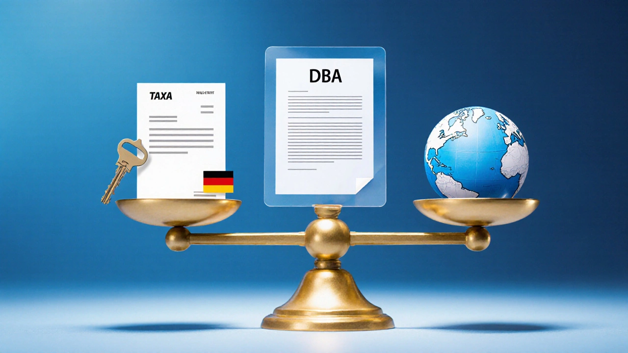 Zwei Waagen mit ausländischem Steuerbeleg und deutscher Steuererklärung, verbunden durch DBA-Dokument.