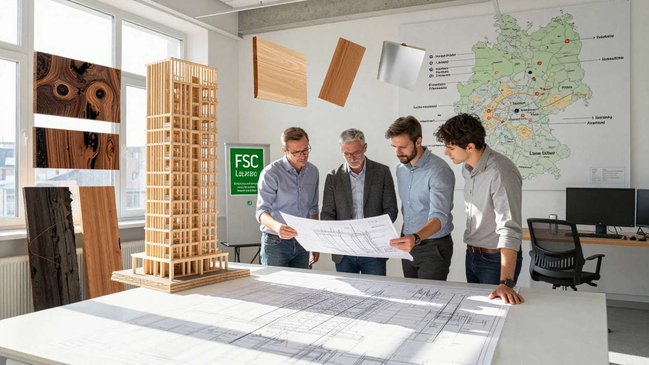 Architekten prüfen digitale Modelle eines Holz-Hochhauses mit Brandschutztechnik und FSC-zertifizierten Materialien im Büro.