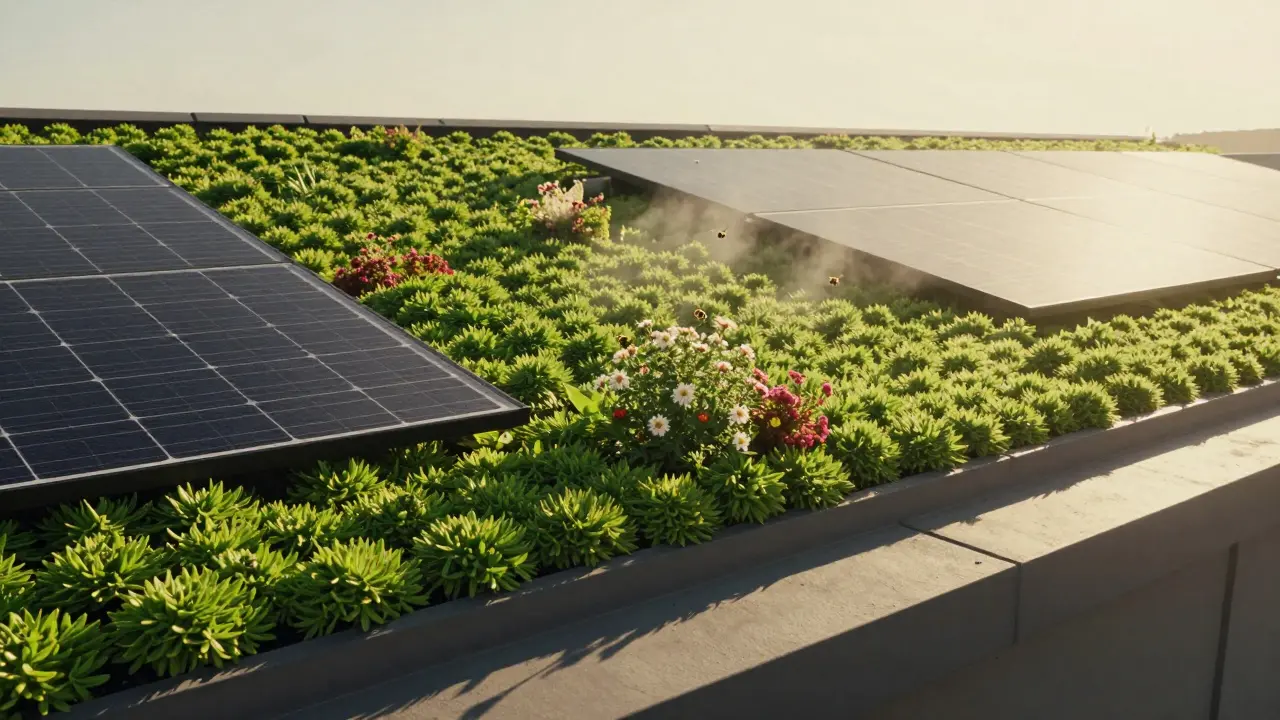 Dach mit Grünfläche und Solarpanelen, Bienen fliegen um die Pflanzen, goldenes Abendlicht.