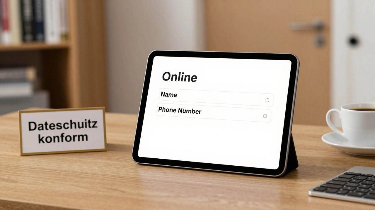 Digitaler Formularbildschirm mit nur Name und Telefonnummer als einzig erlaubte Felder, datenschutzkonform.