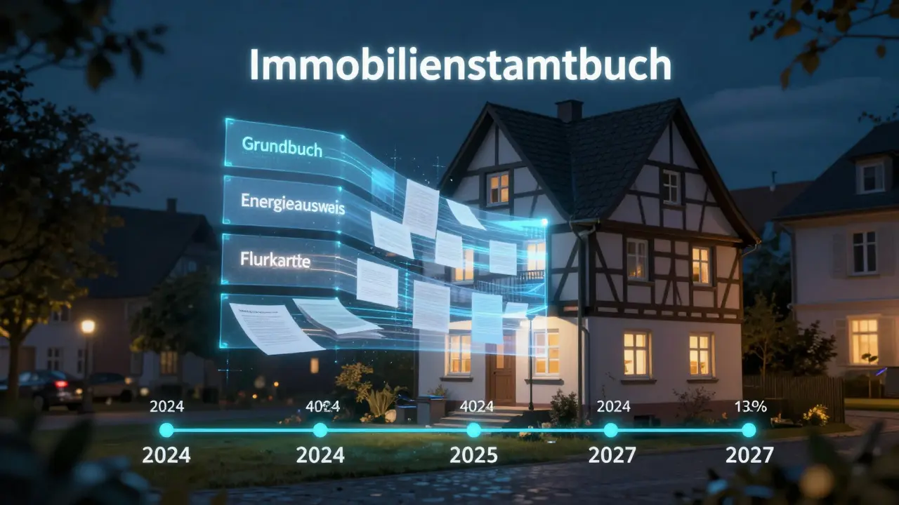Digitales Immobilienstammbuch als schwebendes Hologramm über einem deutschen Haus, mit Datenströmen.
