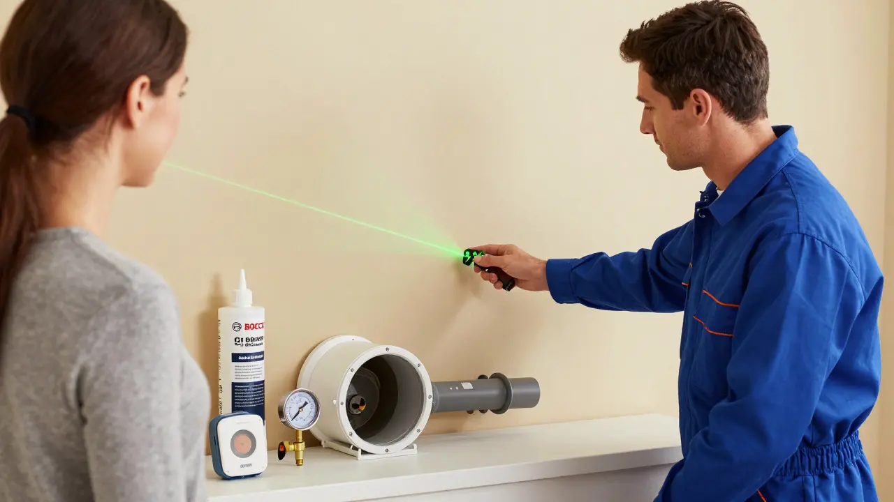 Ein Installateur misst mit einem Laser das Gefälle einer Abwasserleitung, ein korrekt installiertes System steht daneben.