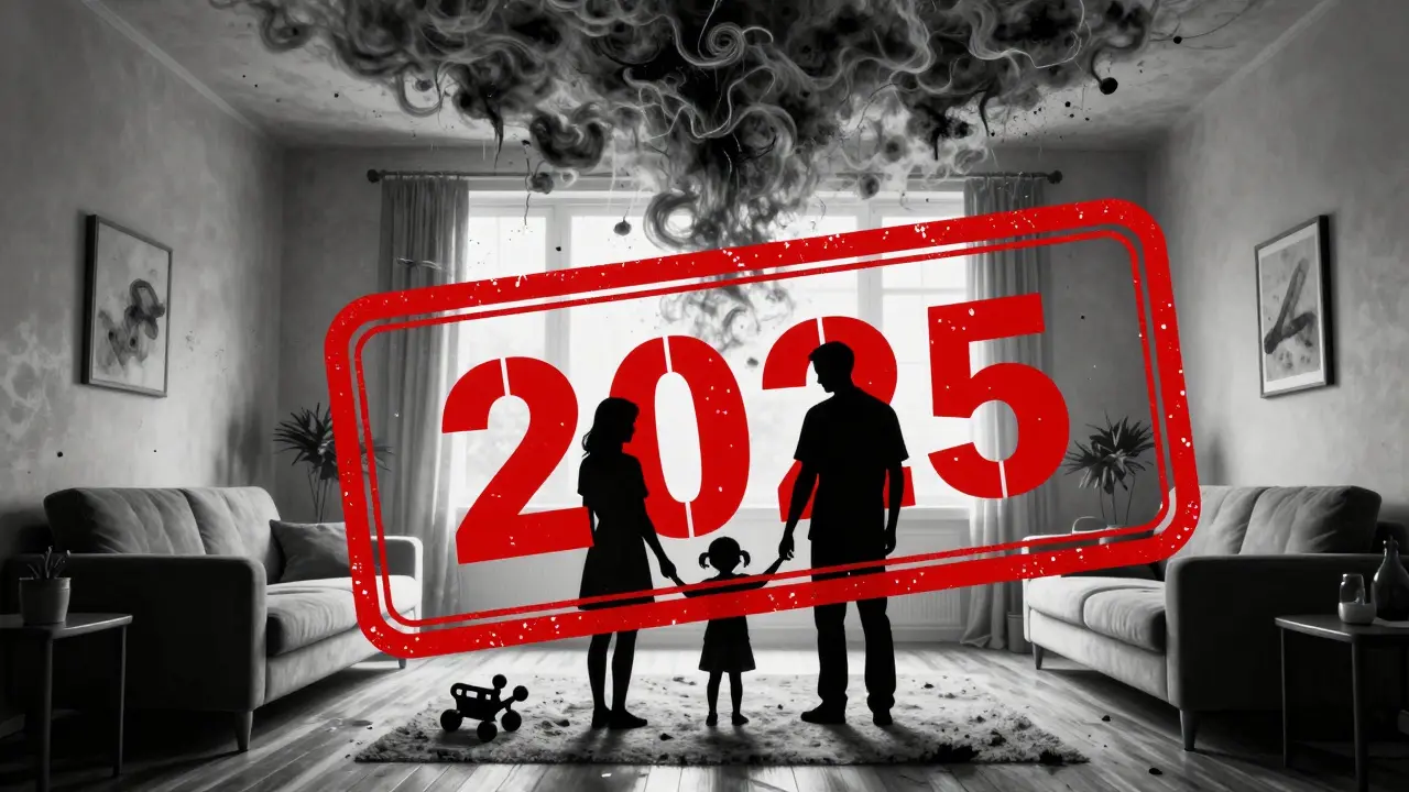 Familie in Wohnzimmer, von unsichtbaren Asbestfasern umgeben, die sich wie Nebel aus Wänden erheben.