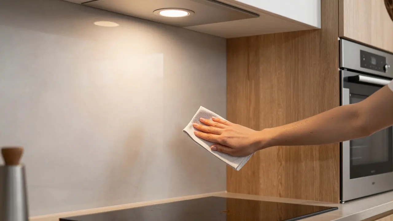 Frau wischt eine Fleck auf einer seidenglanz Wand in einer modernen Küche mit Mikrofasertuch ab.