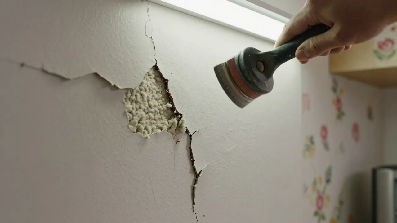 Gebrochene Wand mit sichtbaren Asbestfasern, die beim Abschleifen freigesetzt werden.