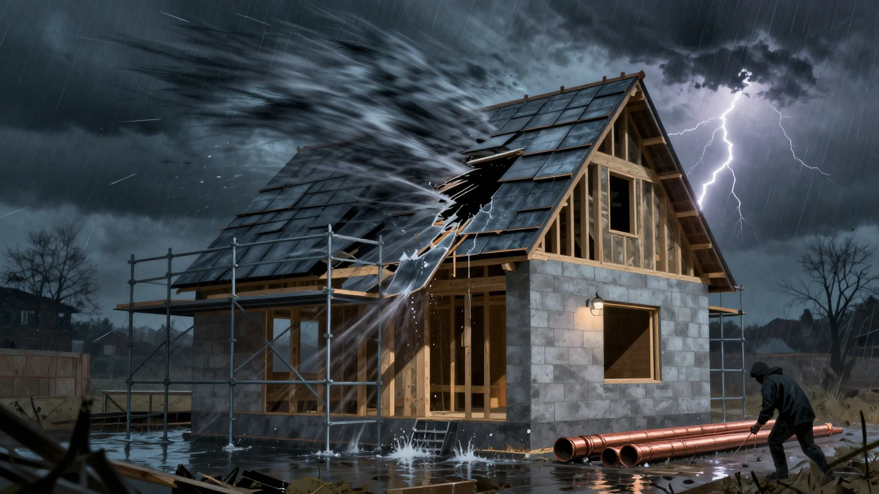 Halbfertiges Massivhaus während eines Sturms mit abgerissener Dachhaut und gestohlenen Kupferrohren.