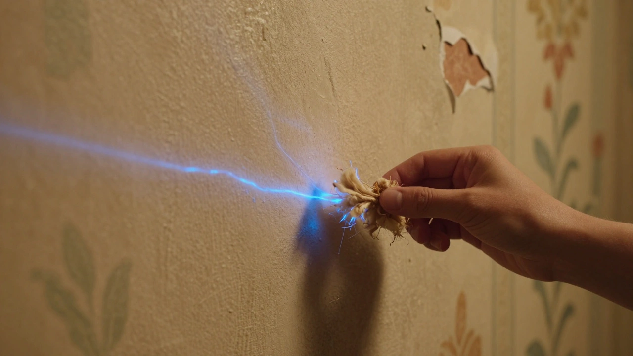 Hand mit Zelluloseflocken auf feuchter historischer Wand, Feuchtigkeit fließt in die Fasern.