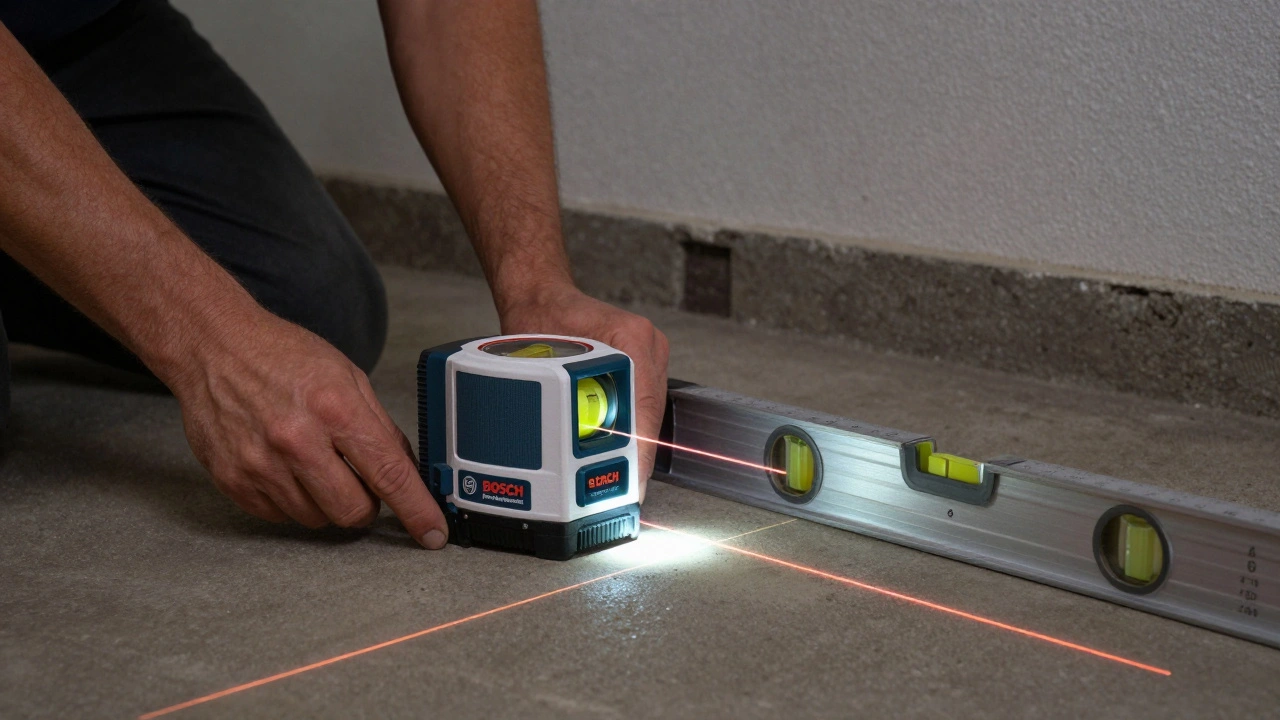 Handwerker prüft die Kalibrierung einer Laser-Wasserwaage mit einer klassischen Wasserwaage auf einer ebenen Fläche.