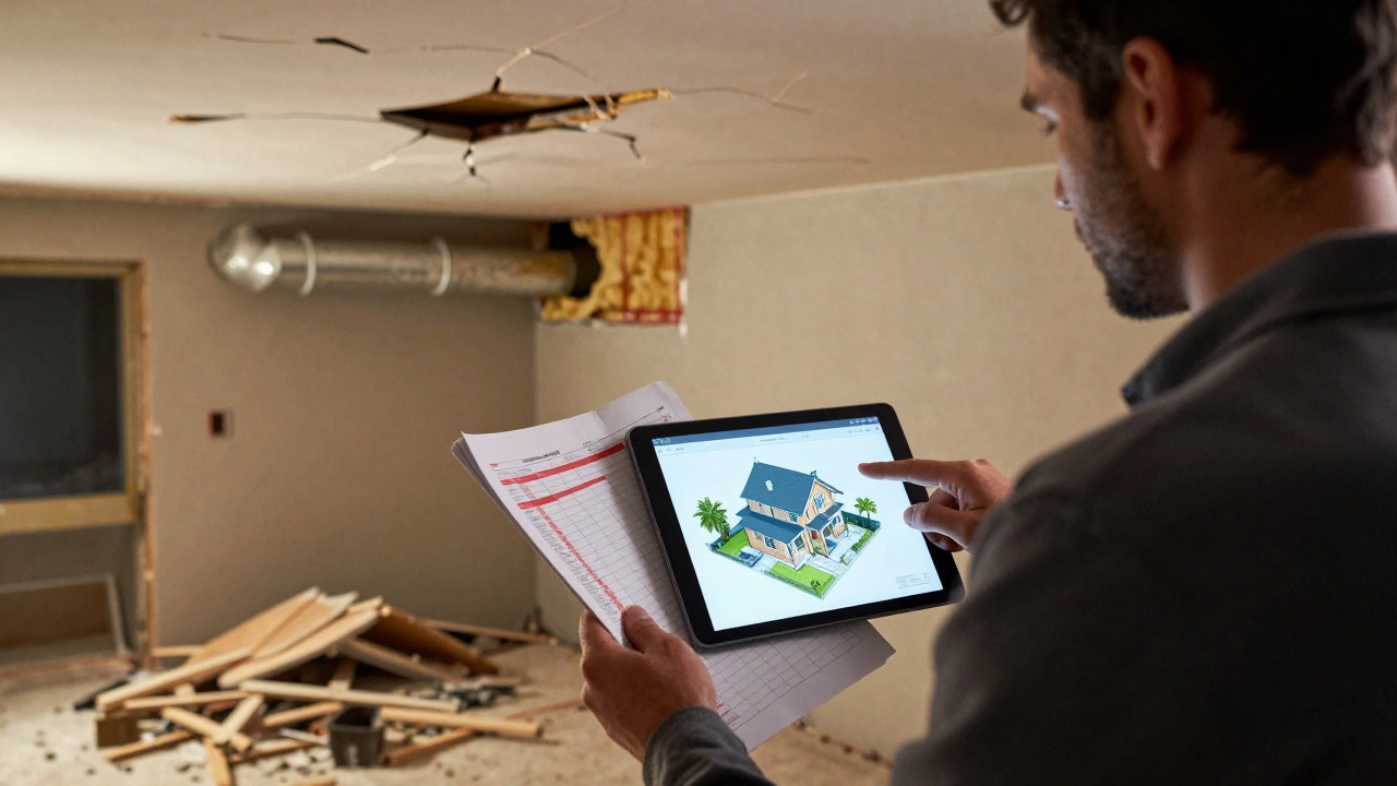 Hausbesitzer in einer chaotischen Baustelle neben einem digitalen 3D-Planungsmodell, das die richtige Sanierung zeigt.