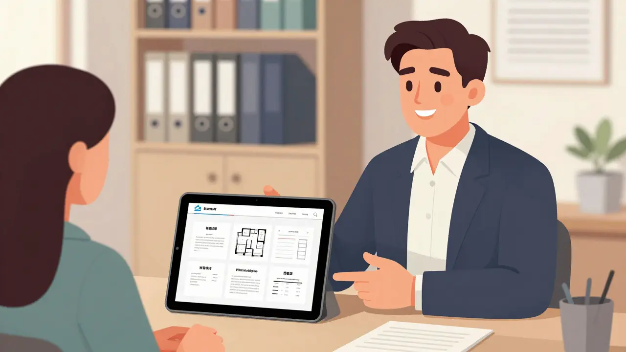 Immobilienmakler zeigt einem Käufer ein digitales Dokumentenpaket auf einem Tablet.