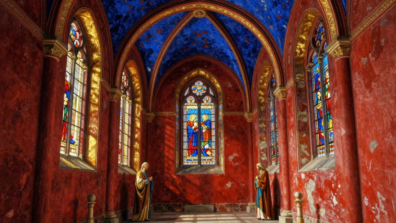 Lebendig bunte mittelalterliche Kirchenwand mit Rot, Gold und Ultramarin, beleuchtet durch Buntglasfenster.