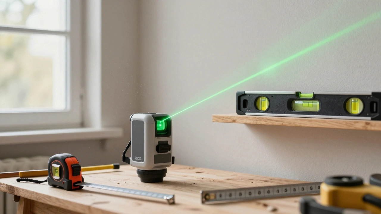 Messwerkzeuge für genaue Arbeiten: Laser-Wasserwaage, traditionelle Wasserwaage und Maßband im Vergleich