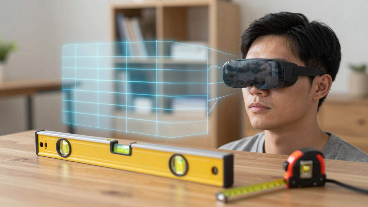 Person mit AR-Brille sieht digitale Laserlinien über einer Raumoberfläche, neben ihr liegen analoge Messwerkzeuge.