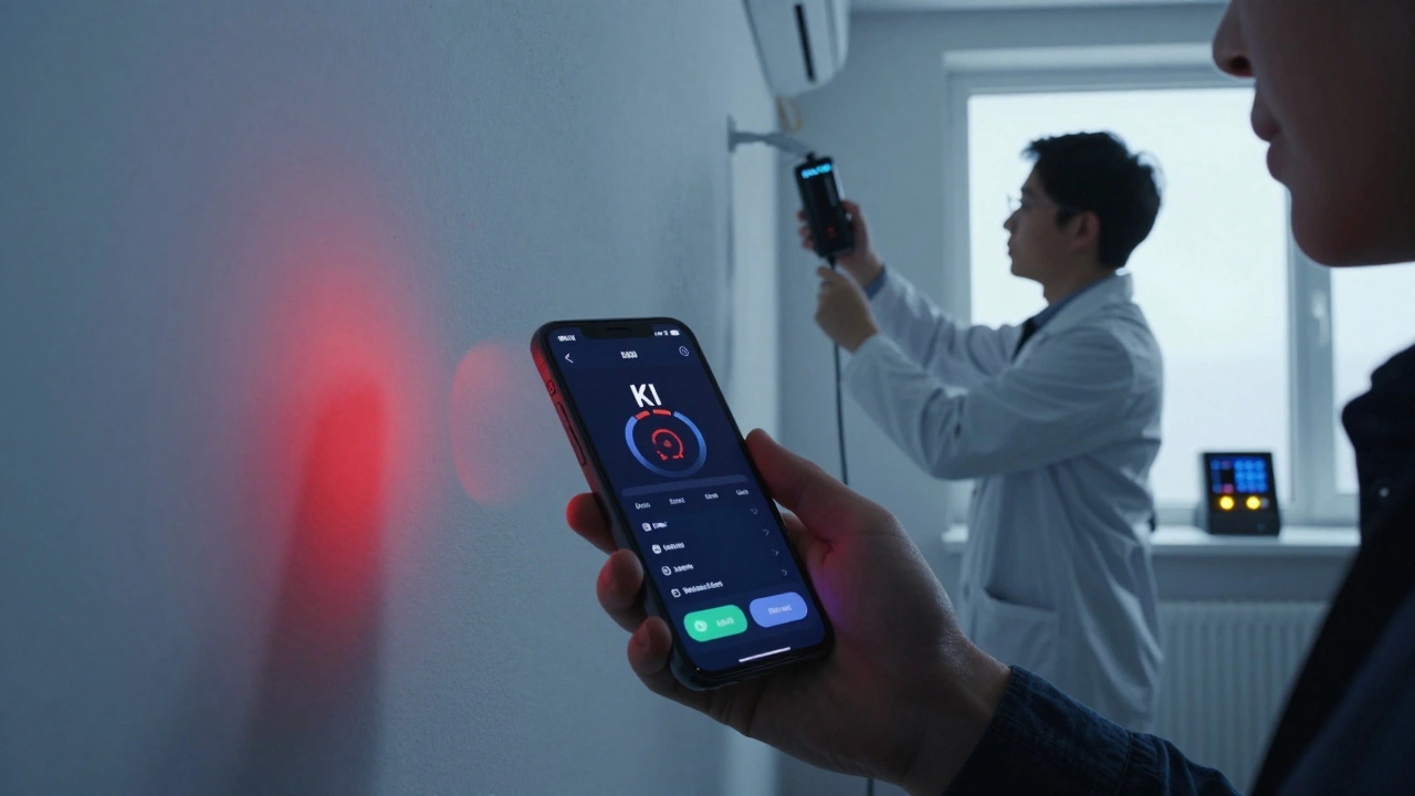 Person mit Smartphone, das eine KI-App Schimmelrisiken auf einer Wand anzeigt, während ein Experte Luftproben nimmt und ein Datenlogger im Hintergrund arbeitet.