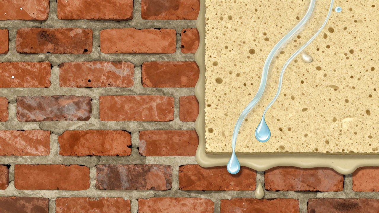 Querschnitt einer alten Ziegelwand mit Feuchtetransport durch diffusionsoffene Dämmung.